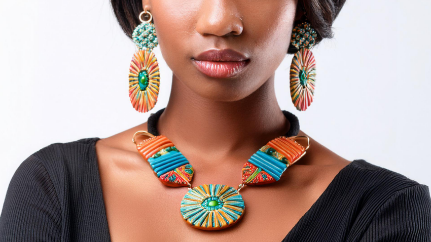 African-inspired jewelry with large dangles and matching necklace